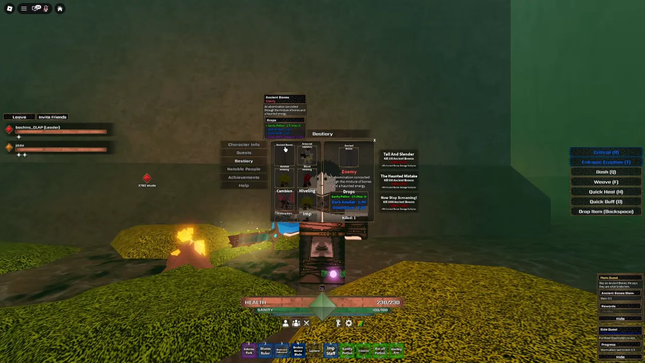 In-game Bestiary menu entry for Ancient Bones displaying the enemy category, lore description, drop item list, kill count, and nearby quest trackers.