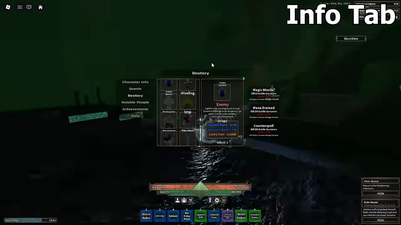 In-game Information window showing the Bestiary tab with the Goblin Sorcerer entry selected, revealing monster category, item drops, and kill count.