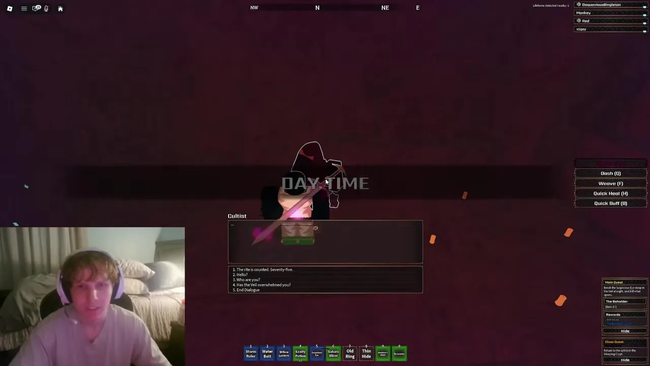 Cultist dialogue showing the seventy-five-kill turn-in option inside the crypt.