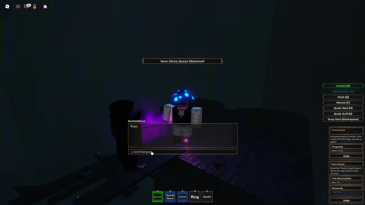 Asmodeus dialogue beside the Duskwing class quest with a zero-of-100 kill counter.