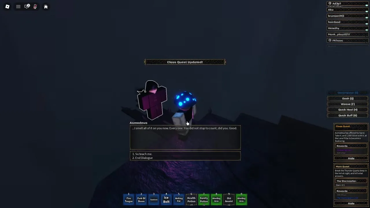 Asmodeus outlined beside the Duskwing dialogue and return objective.