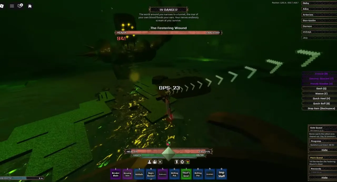The Festering Wound raising its arm across a circular arena with its health bar shown above.