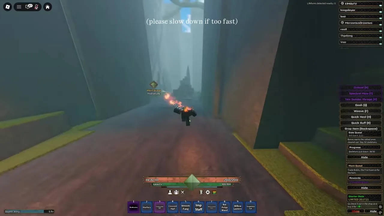Maze corridor with a quest marker and Main Quest panel directing a Fire Essence hand-in to Bobby.