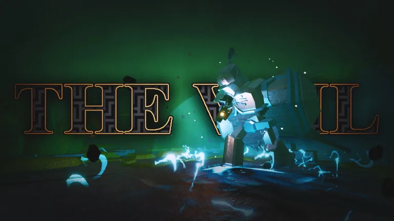The Veil title behind an armored character surrounded by blue lightning.