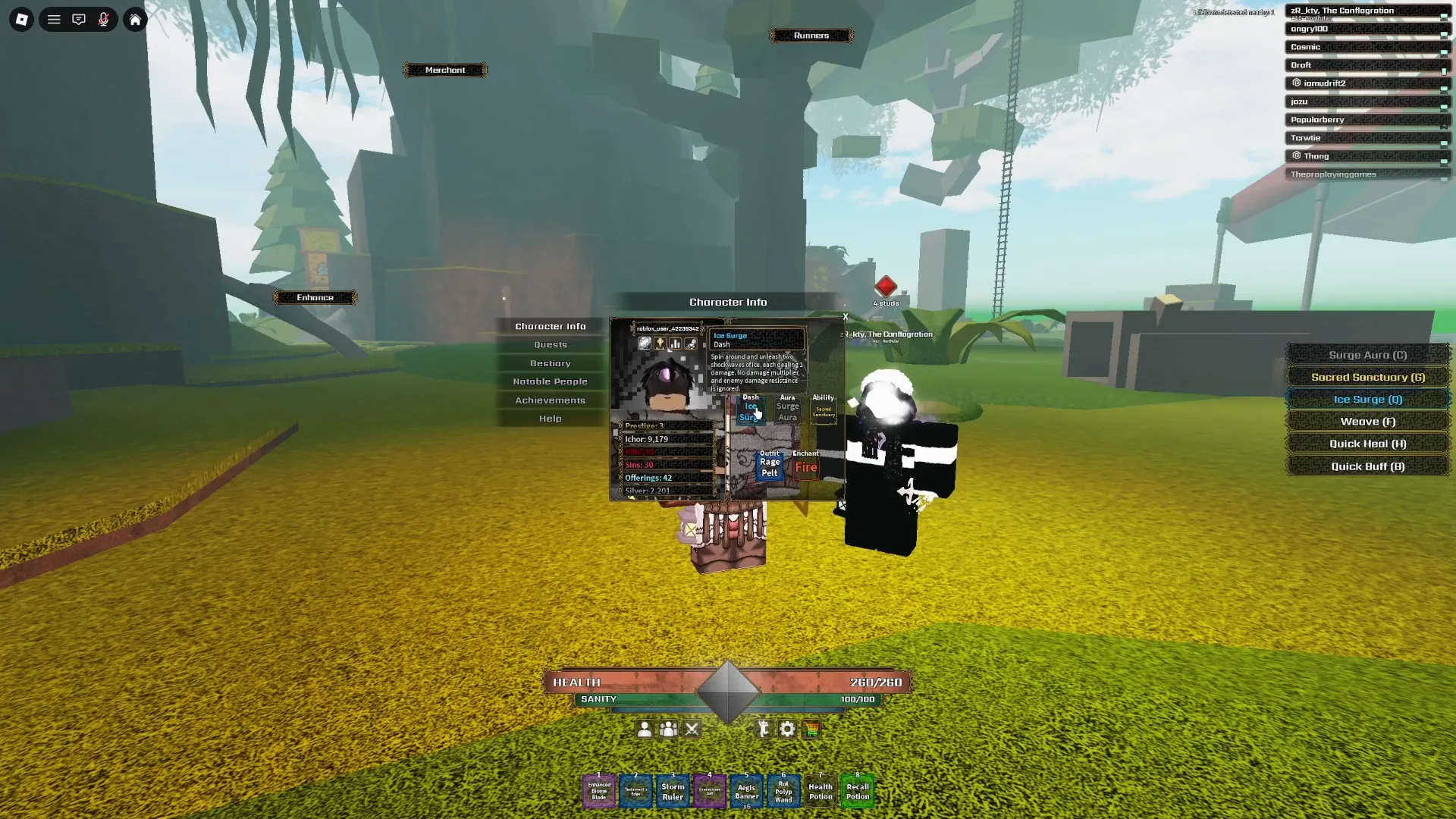 Character Info interface showing chosen ability loadout with Ice Surge in Dash, Surge Aura in Aura, and Sacred Sanctuary in Ability.