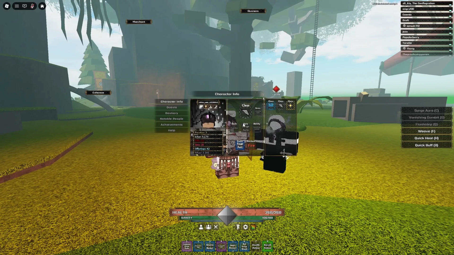 Character Info displaying class cards and the Dash, Aura, and Ability slots.
