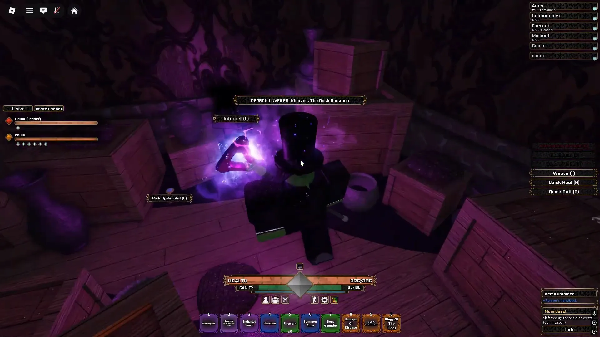 Kharvos, The Dusk Oarsman name banner and Interact prompt in a room of wooden crates.
