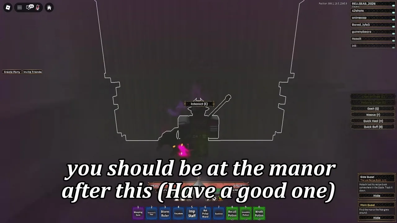 Outlined manor door with an Interact E prompt at the end of the route.