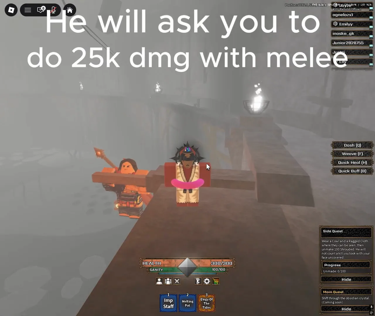 Melee trainer in the Coliseum with an overlay showing the 25,000 melee damage requirement.