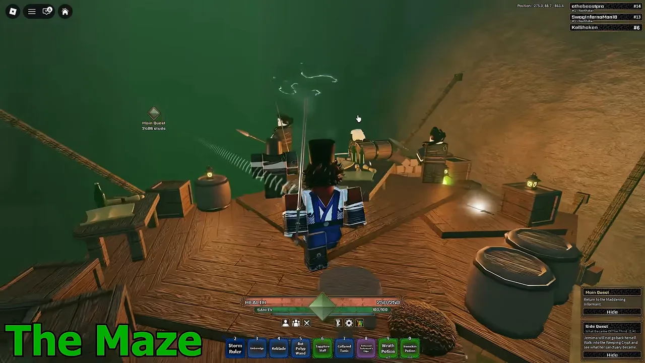 Wooden platform at the Runner Outpost featuring an NPC resting beside barrels and crates near hanging lanterns and a climbing ladder.