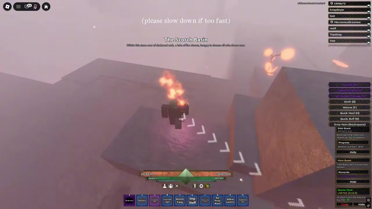 The Scorch Basin area banner above a misty stone path with flames.
