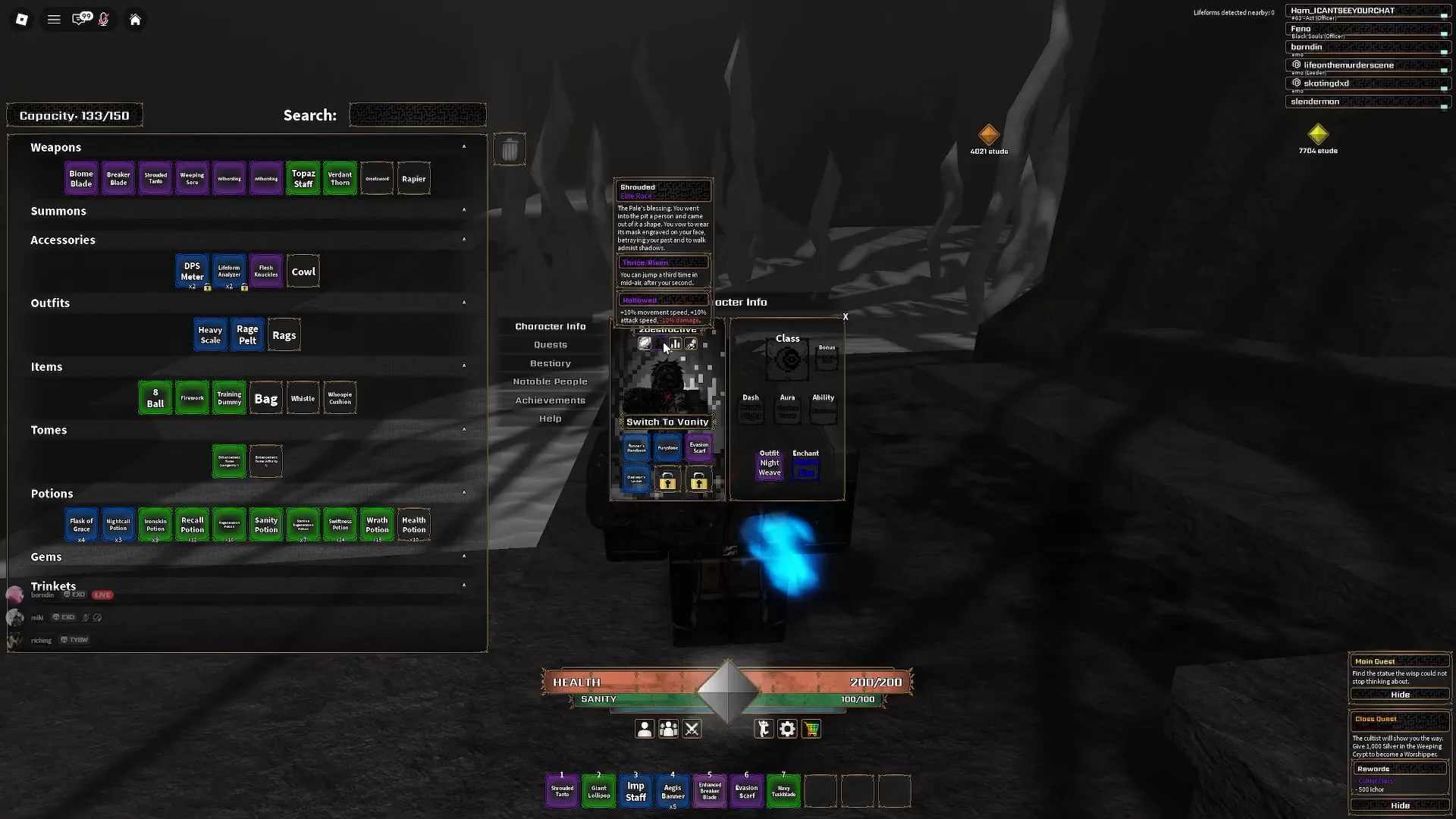 Shrouded race tooltip showing Thrice-Risen and Hollowed in Character Info.
