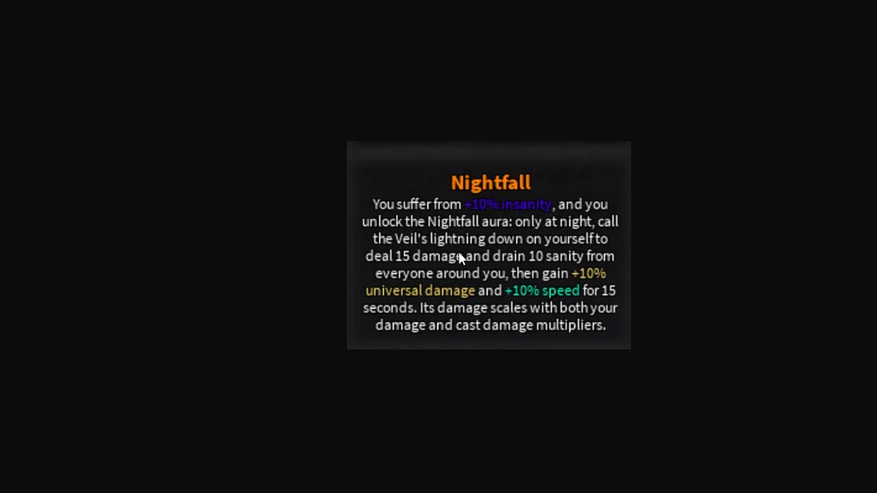 An enlarged ability card for Veilborne's Nightfall showing nighttime lightning effects and sanity details.